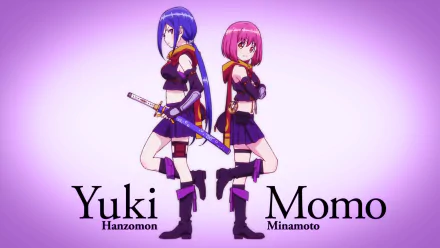 HD PC desktop wallpaper of Release the Spyce anime: Momo Minamoto and Yuki Hanzomon back-to-back on a purple background, wearing spy-school uniforms and holding swords.