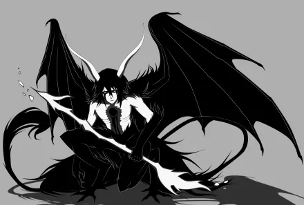 HD PC desktop wallpaper featuring Ulquiorra Cifer from the anime Bleach, depicted with dark wings and a fierce, dynamic pose on a gray background.