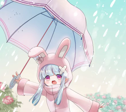 Emilia (Re:ZERO) in a pink bunny hoodie holding a pastel umbrella as raindrops fall — HD anime desktop wallpaper from Re:Zero - Starting Life in Another World