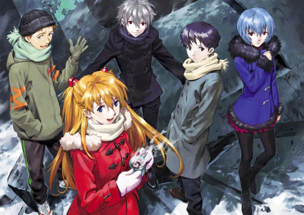 HD PC desktop wallpaper featuring Neon Genesis Evangelion characters Toji Suzuhara, Asuka Langley Sohryu, Kaworu Nagisa, Shinji Ikari, and Rei Ayanami in winter attire.