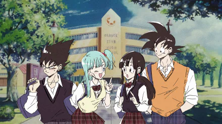 HD Dragon Ball Z anime wallpaper featuring Chi-Chi, Bulma, Vegeta, and Goku in school uniforms standing together in front of a school building.