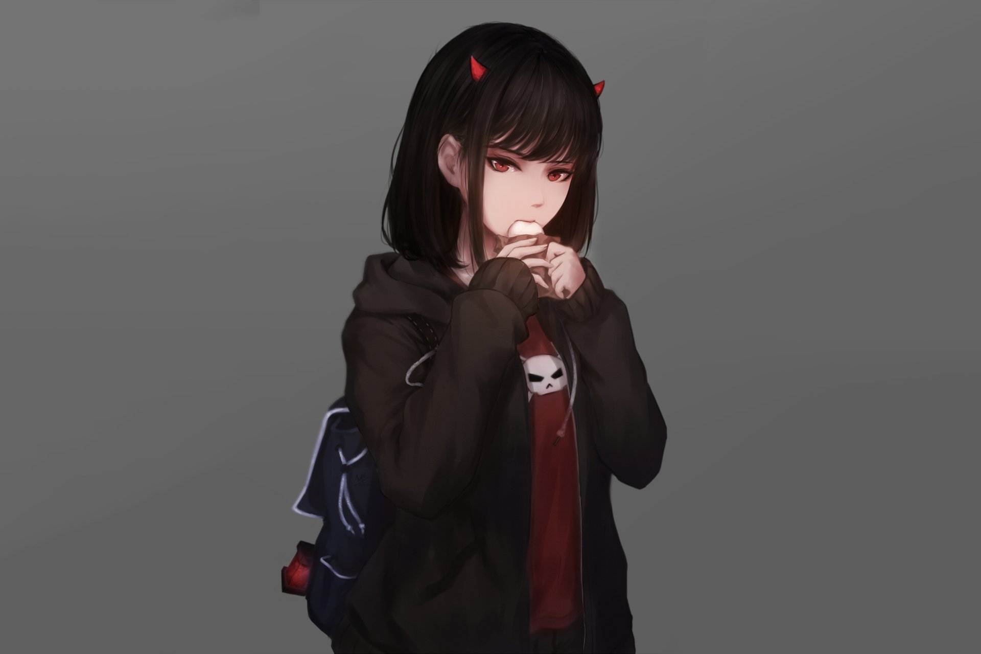 HD desktop wallpaper featuring an original anime character with dark hair, red eyes, and small red horns, wearing a dark hoodie and a backpack, set against a plain gray background.