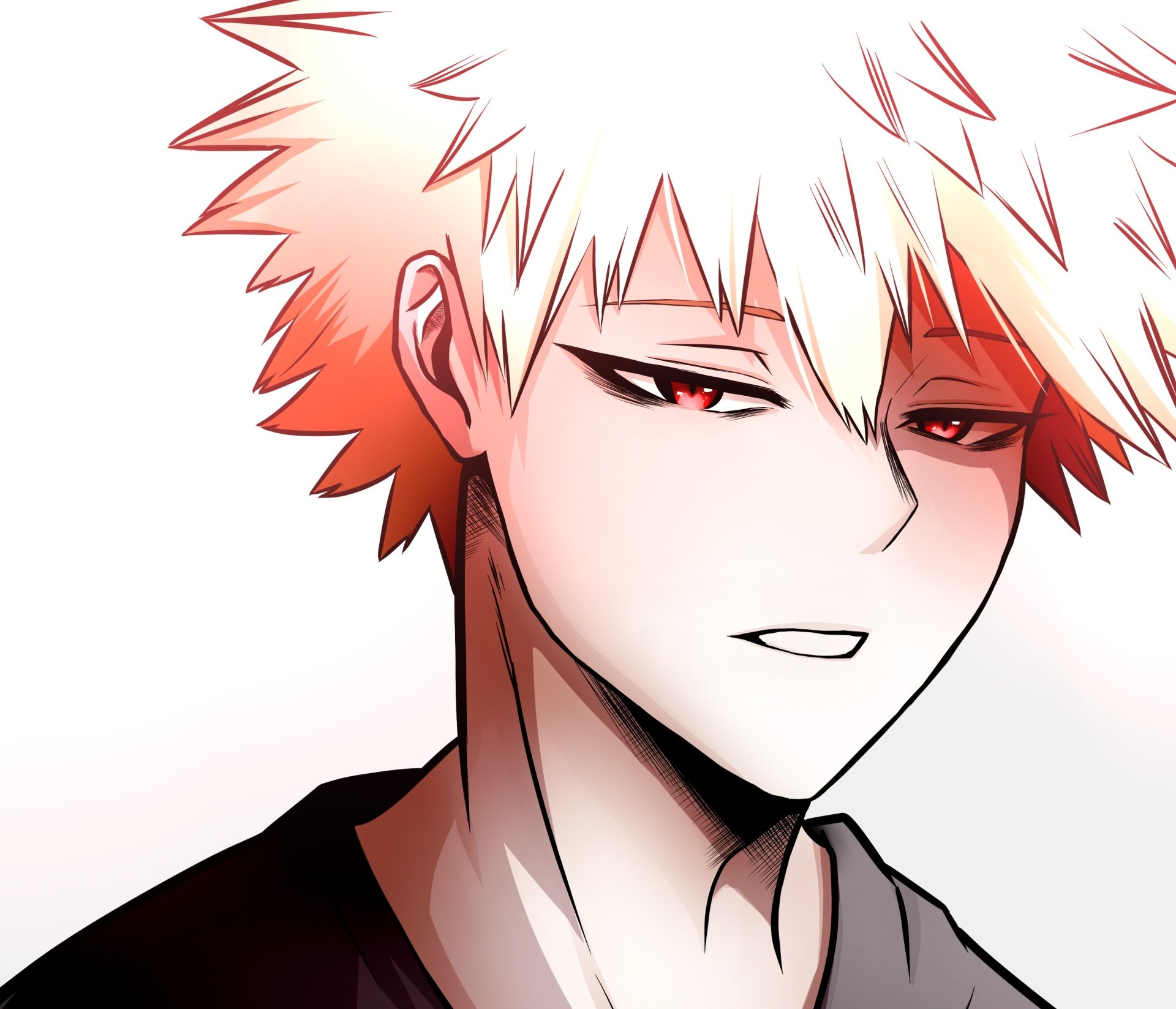 2K Quad HD PC wallpaper: Katsuki Bakugou (My Hero Academia) close-up anime portrait — spiky ash-blond hair, narrow red eyes, faint smirk against a pale background.