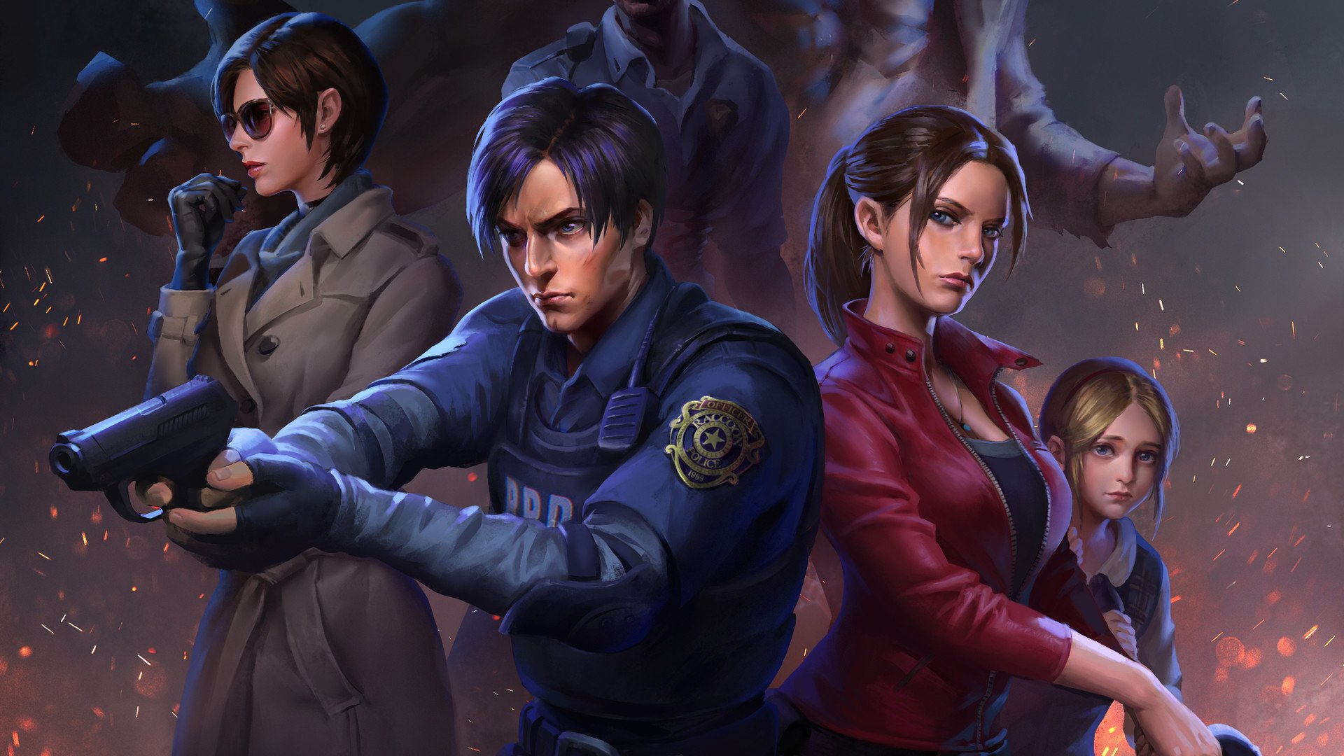 HD PC desktop wallpaper featuring Leon S. Kennedy and Claire Redfield from the video game Resident Evil 2 (2019), showcasing intense, action-ready poses.
