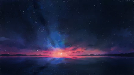 HD anime-style wallpaper featuring a figure standing under a starry sky with colorful sunset reflections on water.