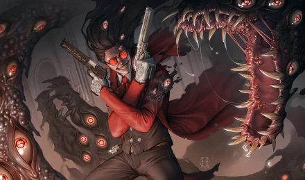 HD anime desktop wallpaper featuring Alucard from Hellsing, wielding guns with dark, monstrous shadows and glowing red eyes in the background.