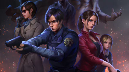 HD PC desktop wallpaper featuring Leon S. Kennedy and Claire Redfield from the video game Resident Evil 2 (2019), showcasing intense, action-ready poses.