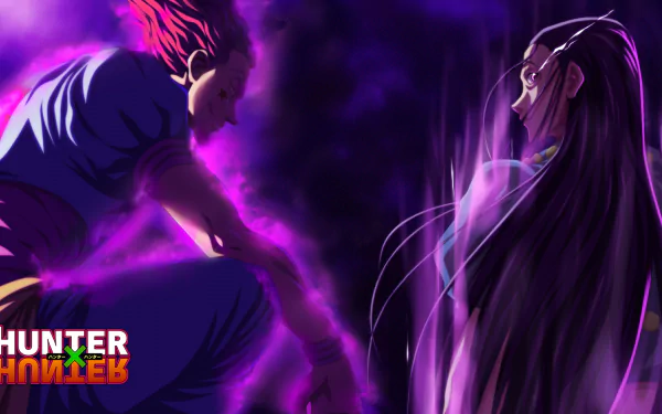 HD desktop wallpaper of Illumi Zoldyck and Hisoka from the anime Hunter × Hunter, featuring a dark and dramatic scene with glowing effects. The Hunter × Hunter logo is visible in the bottom left corner.