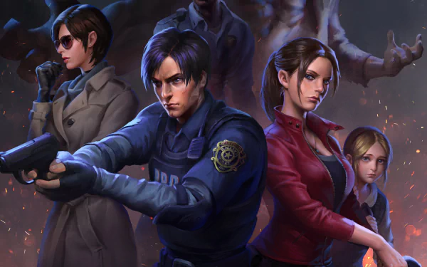 HD PC desktop wallpaper featuring Leon S. Kennedy and Claire Redfield from the video game Resident Evil 2 (2019), showcasing intense, action-ready poses.