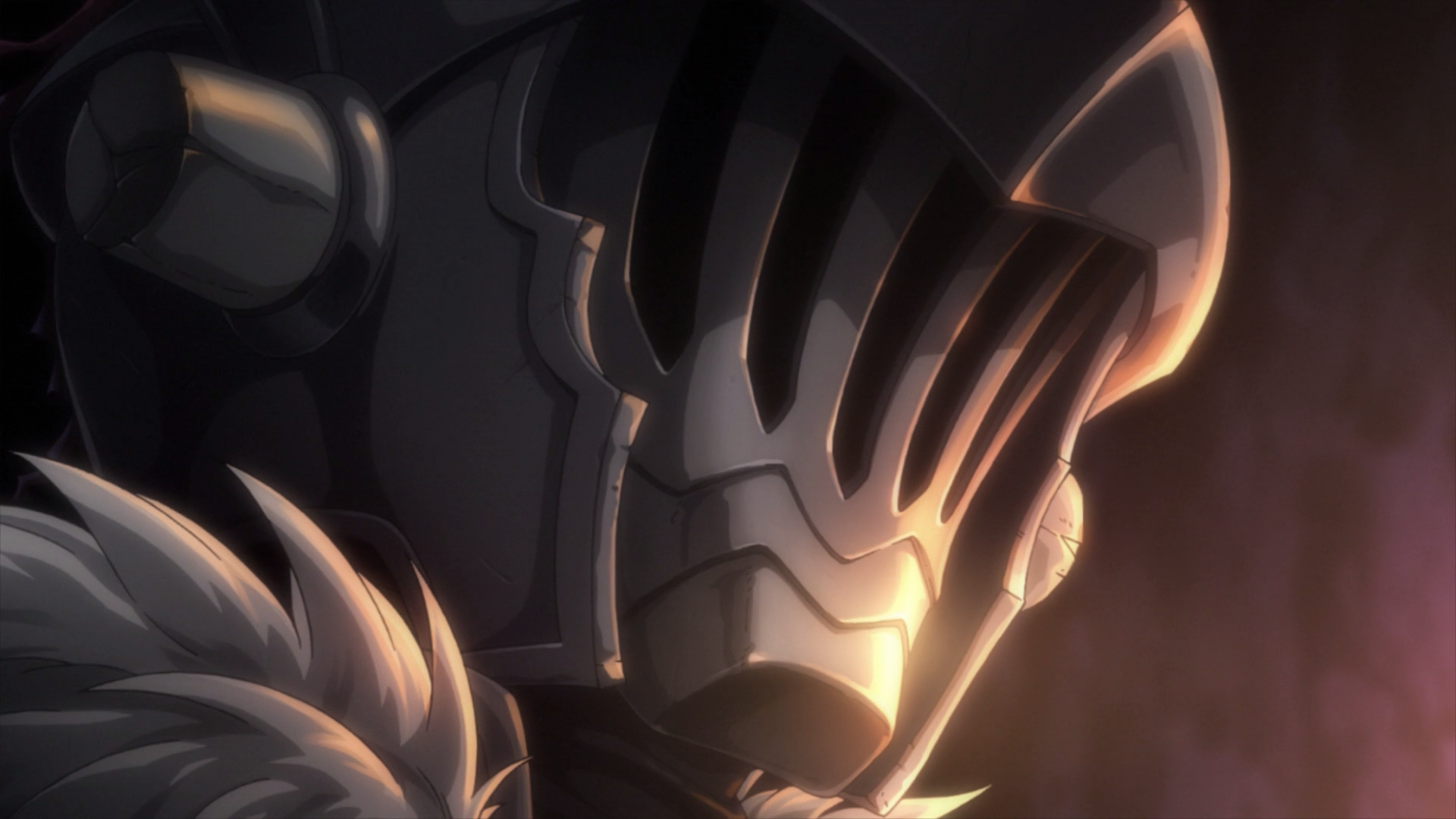Goblin Slayer close-up: helmeted face lit by warm glow, anime HD PC desktop wallpaper background with dramatic shadows