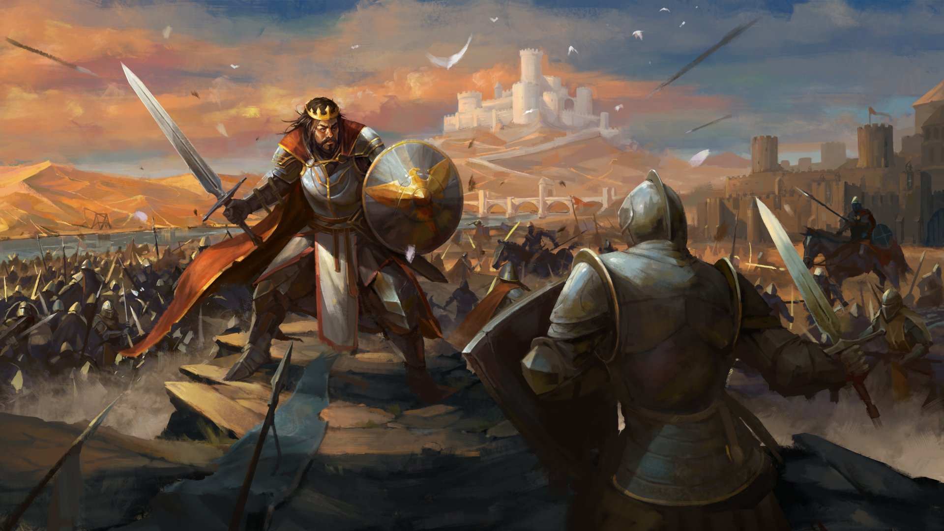 8K Ultra HD PC desktop wallpaper: armored fantasy warrior and knight clash with sword and shield before a distant castle, banners and armies filling the battlefield at sunset.