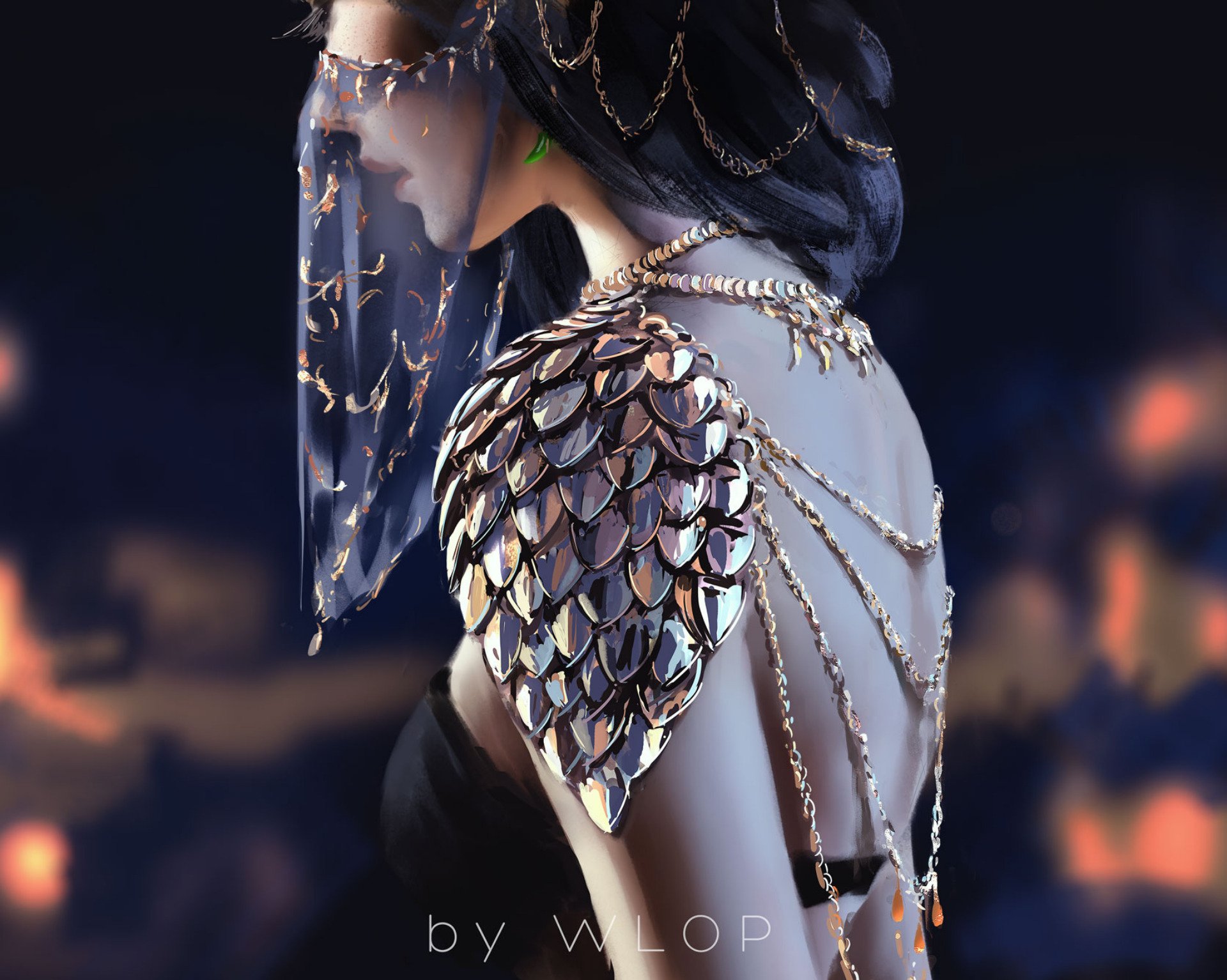 HD PC desktop wallpaper from the GhostBlade comic, featuring a close-up of a woman with detailed metallic armor and chains against a blurred, dark background.