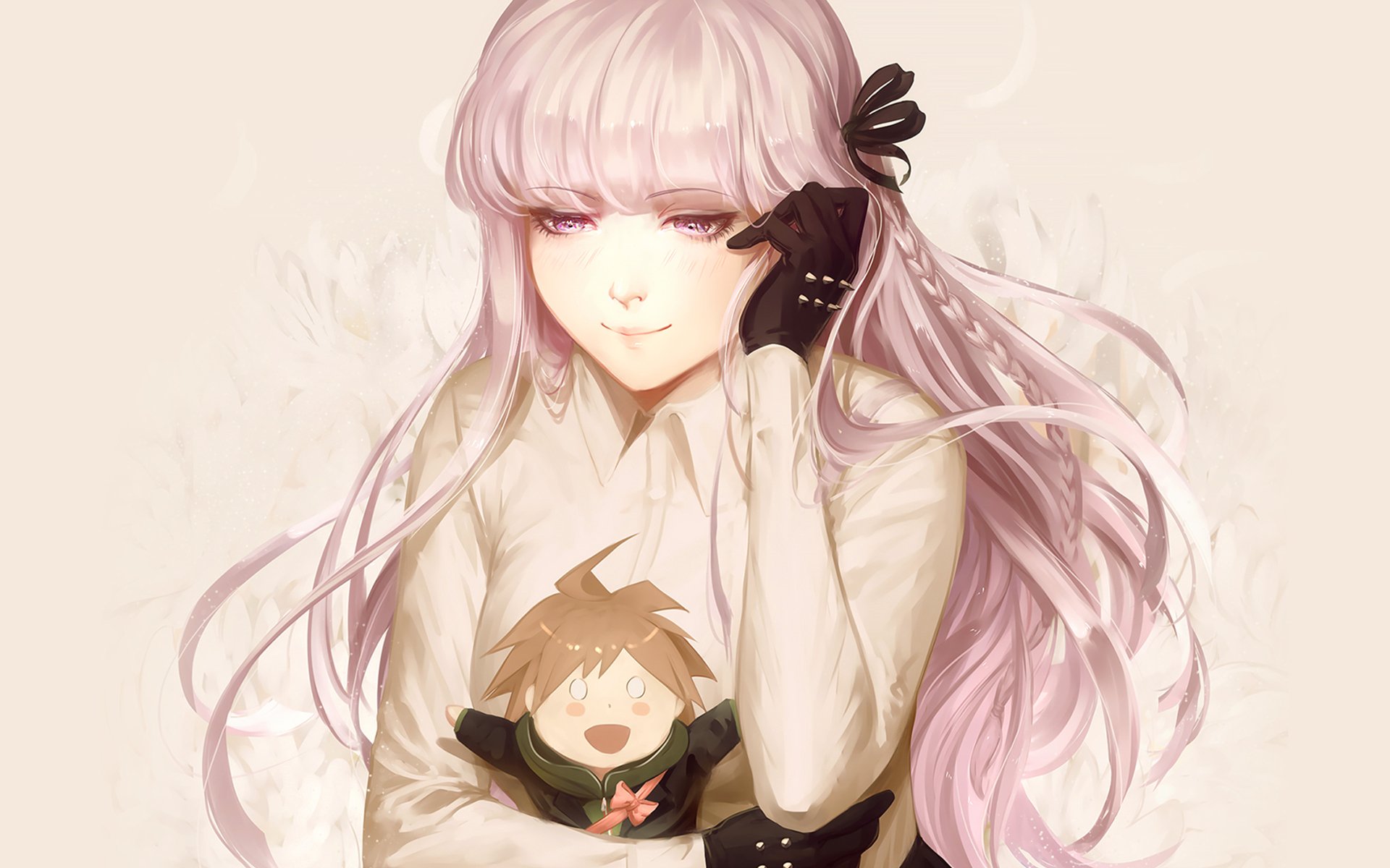 4K Danganronpa anime wallpaper: Kyōko Kirigiri with long pink hair and pink eyes cradling a chibi Makoto Naegi against a soft, pastel background.