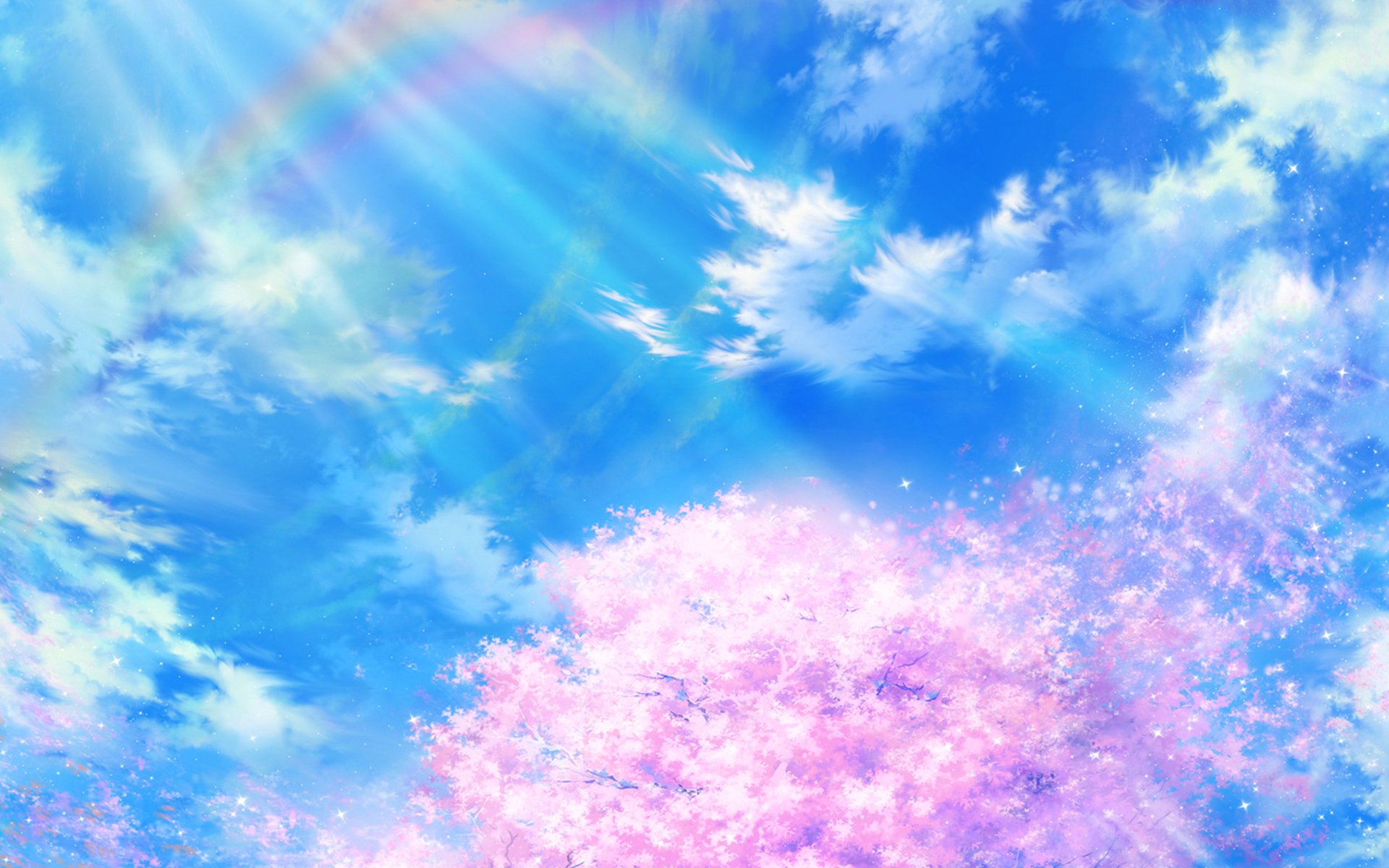 A vibrant 4K Ultra HD anime-style desktop wallpaper featuring a rainbow arching over pink cherry blossoms beneath a bright spring sky scattered with clouds.