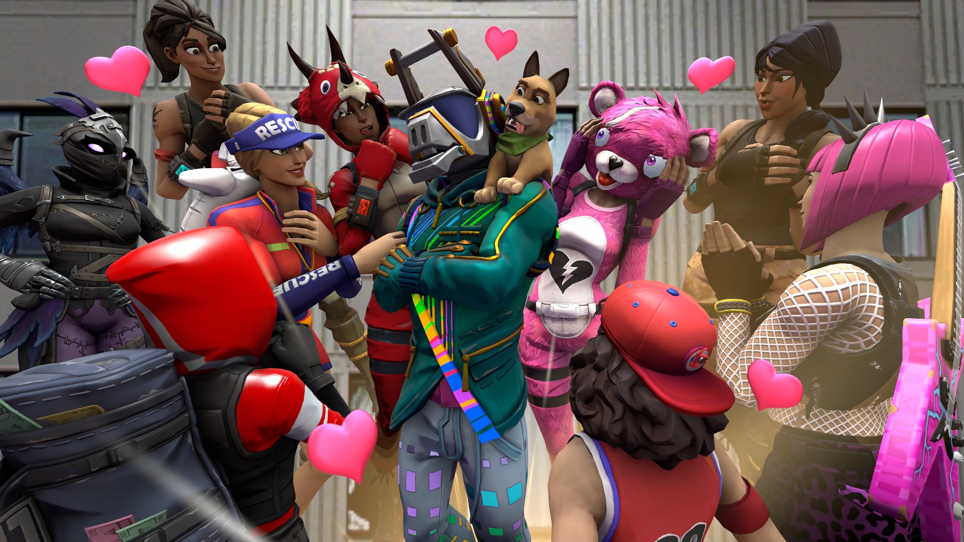 HD desktop wallpaper featuring a vibrant Fortnite scene with multiple characters, including ones in animal and futuristic costumes, surrounded by floating hearts.