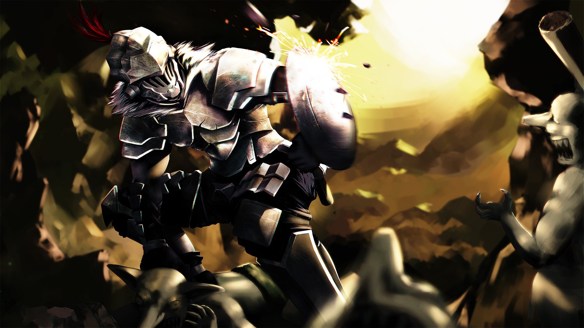 HD anime desktop wallpaper of Goblin Slayer in battered armor charging through a battlefield, shield raised against fiery light and swarming goblins.