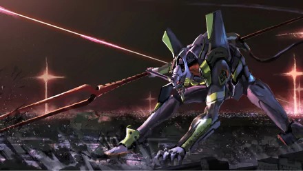 HD desktop wallpaper featuring Evangelion Unit-01 from the anime Neon Genesis Evangelion in a dynamic pose against a dark cityscape backdrop.