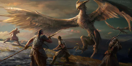 hunting warrior spear wings creature fantasy griffin fantasy warrior HD Desktop Wallpaper | Background Image