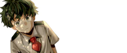 HD desktop wallpaper featuring Izuku Midoriya from the anime My Hero Academia, showcasing his determined expression against a white background.