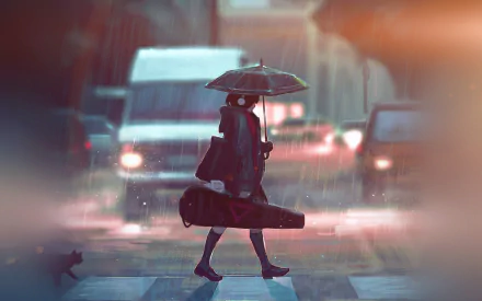Anime-style HD wallpaper featuring a person crossing the street in the rain, carrying a violin case and an umbrella, with glowing car lights and reflections in the background.