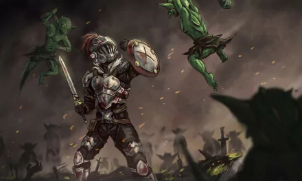 HD desktop wallpaper featuring an action-packed scene from the anime Goblin Slayer, showcasing the armored protagonist battling goblins amidst a chaotic battlefield.