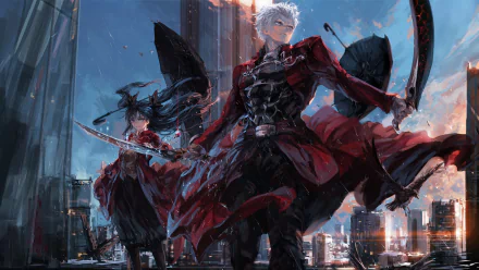 HD desktop wallpaper featuring Archer and Rin Tohsaka from Fate/Stay Night: Unlimited Blade Works in a dynamic battle scene.