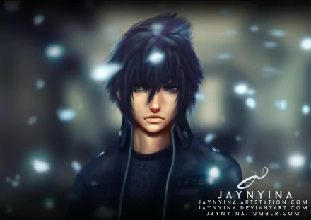 HD PC desktop wallpaper/background of Noctis Lucis Caelum (Final Fantasy XV): moody close-up portrait, dark hair, soft bokeh and falling light particles.