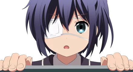 Rikka Takanashi from Love Chunibyo & Other Delusions in a 4K Ultra HD anime wallpaper, featuring her iconic eyepatch and expressive blue eye.