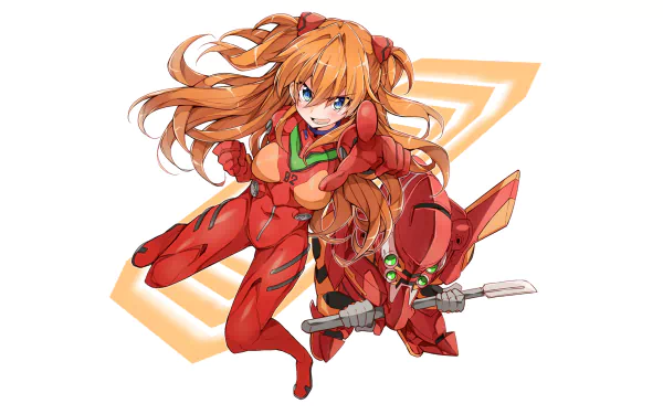 Asuka Langley Sohryu from Neon Genesis Evangelion in her red plugsuit, rendered in crisp 4K Ultra HD for a vibrant PC desktop wallpaper background.