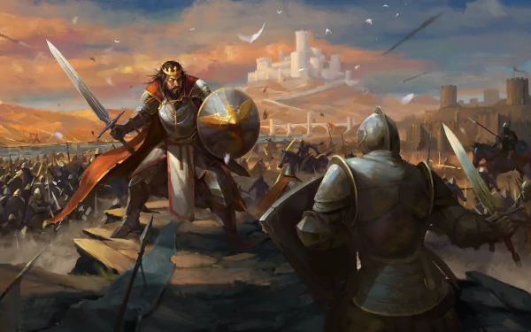 8K Ultra HD PC desktop wallpaper: armored fantasy warrior and knight clash with sword and shield before a distant castle, banners and armies filling the battlefield at sunset.