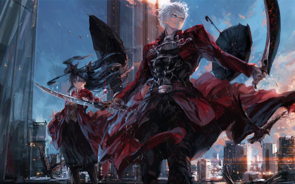 HD desktop wallpaper featuring Archer and Rin Tohsaka from Fate/Stay Night: Unlimited Blade Works in a dynamic battle scene.