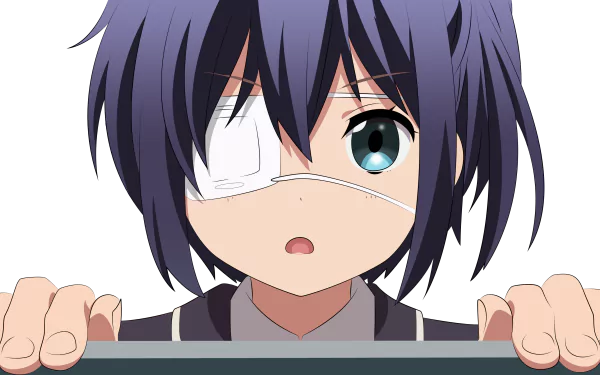 Rikka Takanashi from Love Chunibyo & Other Delusions in a 4K Ultra HD anime wallpaper, featuring her iconic eyepatch and expressive blue eye.