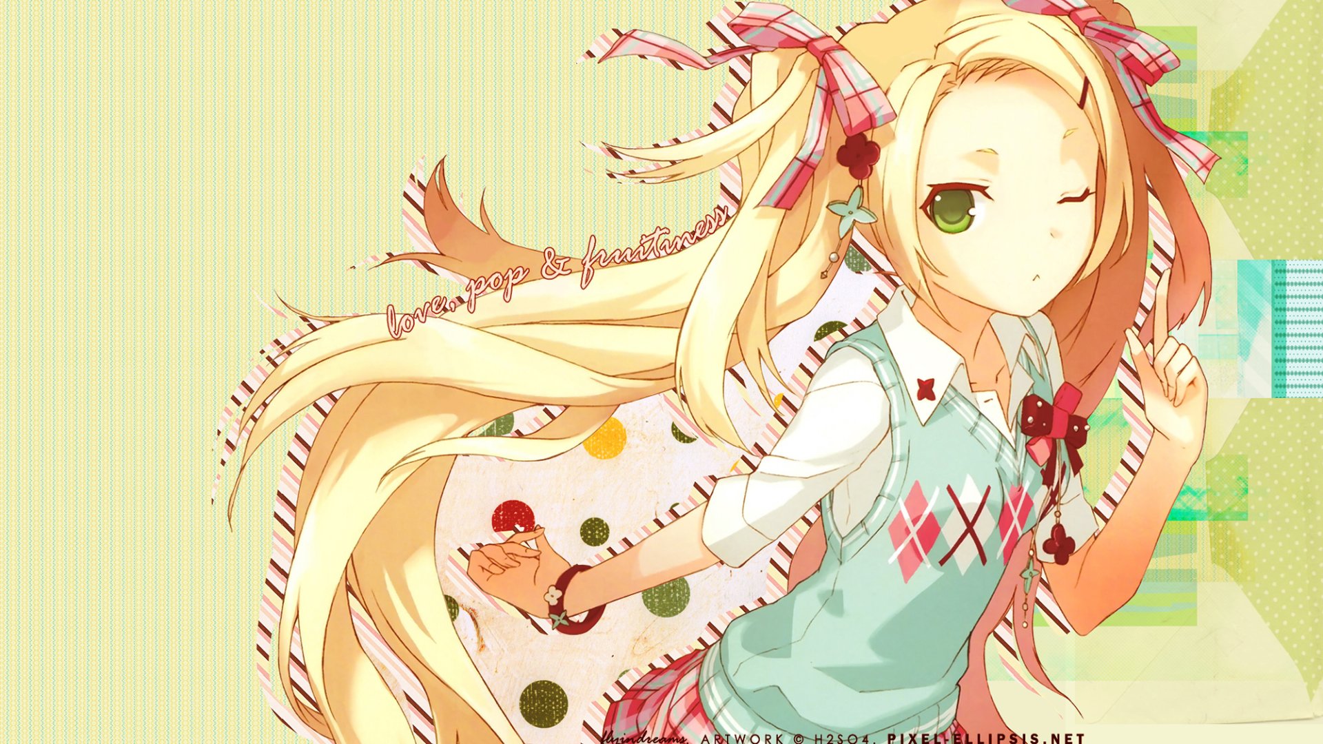 HD anime original artwork of a blonde girl with long flowing hair, winking and wearing a pastel-colored outfit, designed as a vibrant PC desktop wallpaper.