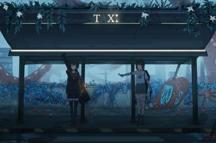 Anime scene of two girls in school uniforms at a bus stop, one with a bandage. The background shows blue foliage and a fallen sign marked TX, set in a high-definition wallpaper format.