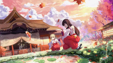 HD PC wallpaper: video game-style shrine maidens in red kimono at a sunlit shrine, koi leaping over a mirror-like pond amid cherry blossoms.