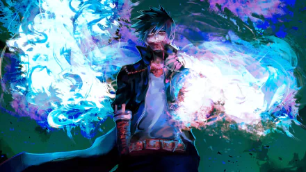HD desktop wallpaper featuring Dabi from the anime My Hero Academia, with a dark, intense background and blue flames surrounding him.