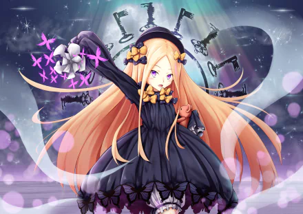 Abigail Williams (Fate/Grand Order) anime 4K Ultra HD PC desktop wallpaper/background, ghostly girl in a black dress with long orange hair and floating eldritch sigils.