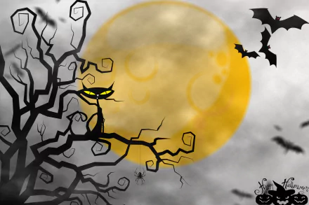 HD Halloween desktop wallpaper featuring a black cat on a twisted tree branch, spiders, bats flying around a glowing full moon.