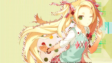 HD anime original artwork of a blonde girl with long flowing hair, winking and wearing a pastel-colored outfit, designed as a vibrant PC desktop wallpaper.
