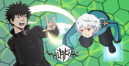 2K Quad HD desktop wallpaper of Osamu Mikumo and Yūma Kuga from World Trigger — Osamu laughing and Yūma hovering over a green hexagonal backdrop with the World Trigger logo.