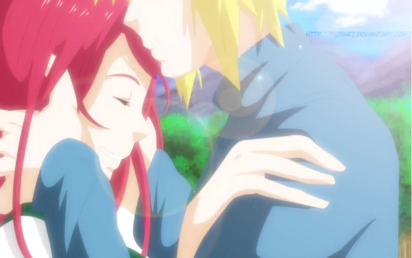 2K Quad HD PC desktop wallpaper/background: Kushina Uzumaki and Minato Namikaze from the anime Naruto embrace in a sunlit pastoral scene, warm colors and gentle expressions.