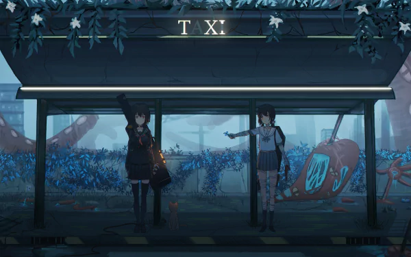 Anime scene of two girls in school uniforms at a bus stop, one with a bandage. The background shows blue foliage and a fallen sign marked TX, set in a high-definition wallpaper format.
