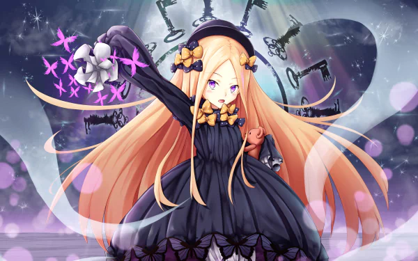 Abigail Williams (Fate/Grand Order) anime 4K Ultra HD PC desktop wallpaper/background, ghostly girl in a black dress with long orange hair and floating eldritch sigils.
