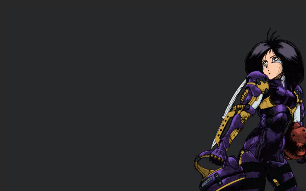 HD PC desktop wallpaper featuring Alita from Alita: Battle Angel in anime style, showcasing her futuristic armor against a dark background.