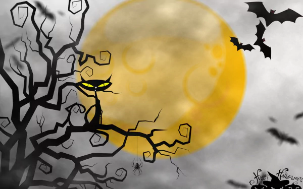 HD Halloween desktop wallpaper featuring a black cat on a twisted tree branch, spiders, bats flying around a glowing full moon.