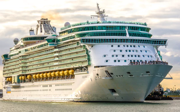 HD PC desktop wallpaper background: cruise ship vehicle MS Freedom of the Seas sailing near a port under a cloudy sky.
