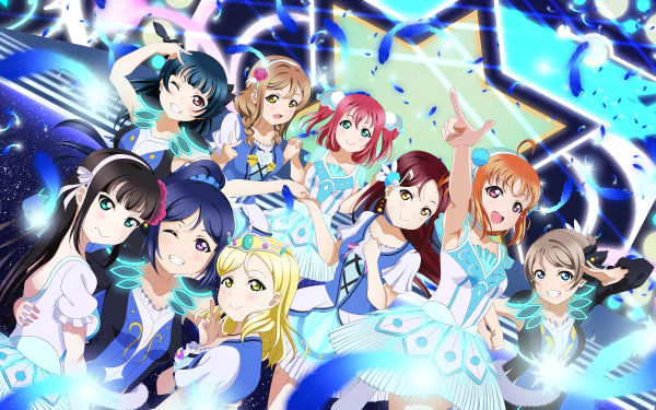 4K Ultra HD desktop wallpaper featuring You Watanabe, Ruby Kurosawa, Mari Ohara, Kanan Matsuura, Yoshiko Tsushima, Hanamaru Kunikida, Dia Kurosawa, Riko Sakurauchi, and Chika Takami from Love Live! Sunshine!!.