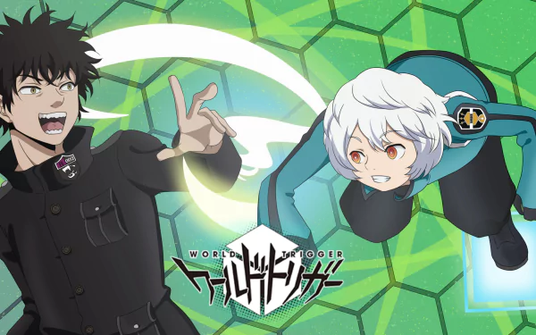 2K Quad HD desktop wallpaper of Osamu Mikumo and Yūma Kuga from World Trigger — Osamu laughing and Yūma hovering over a green hexagonal backdrop with the World Trigger logo.