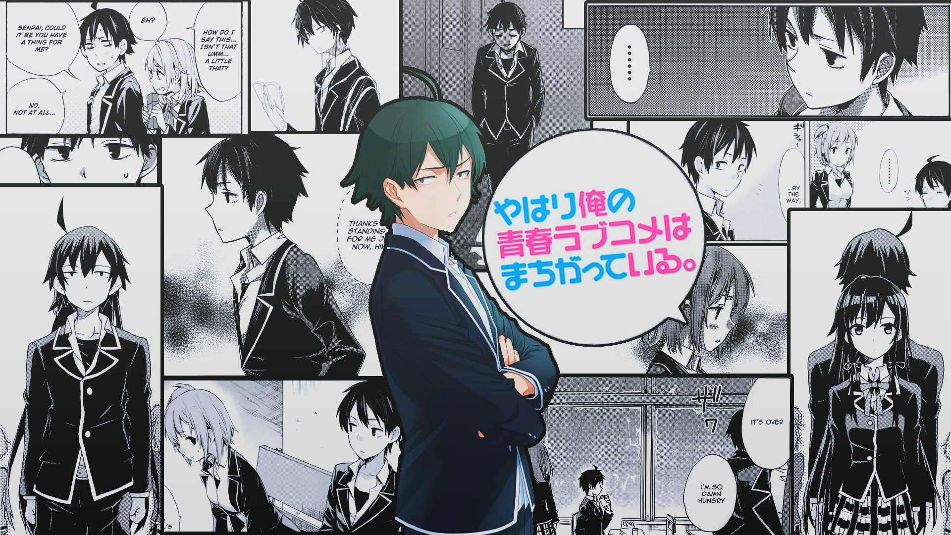 HD PC desktop wallpaper featuring Hachiman Hikigaya from My Teen Romantic Comedy SNAFU, with a collage of black-and-white manga panels as the background.