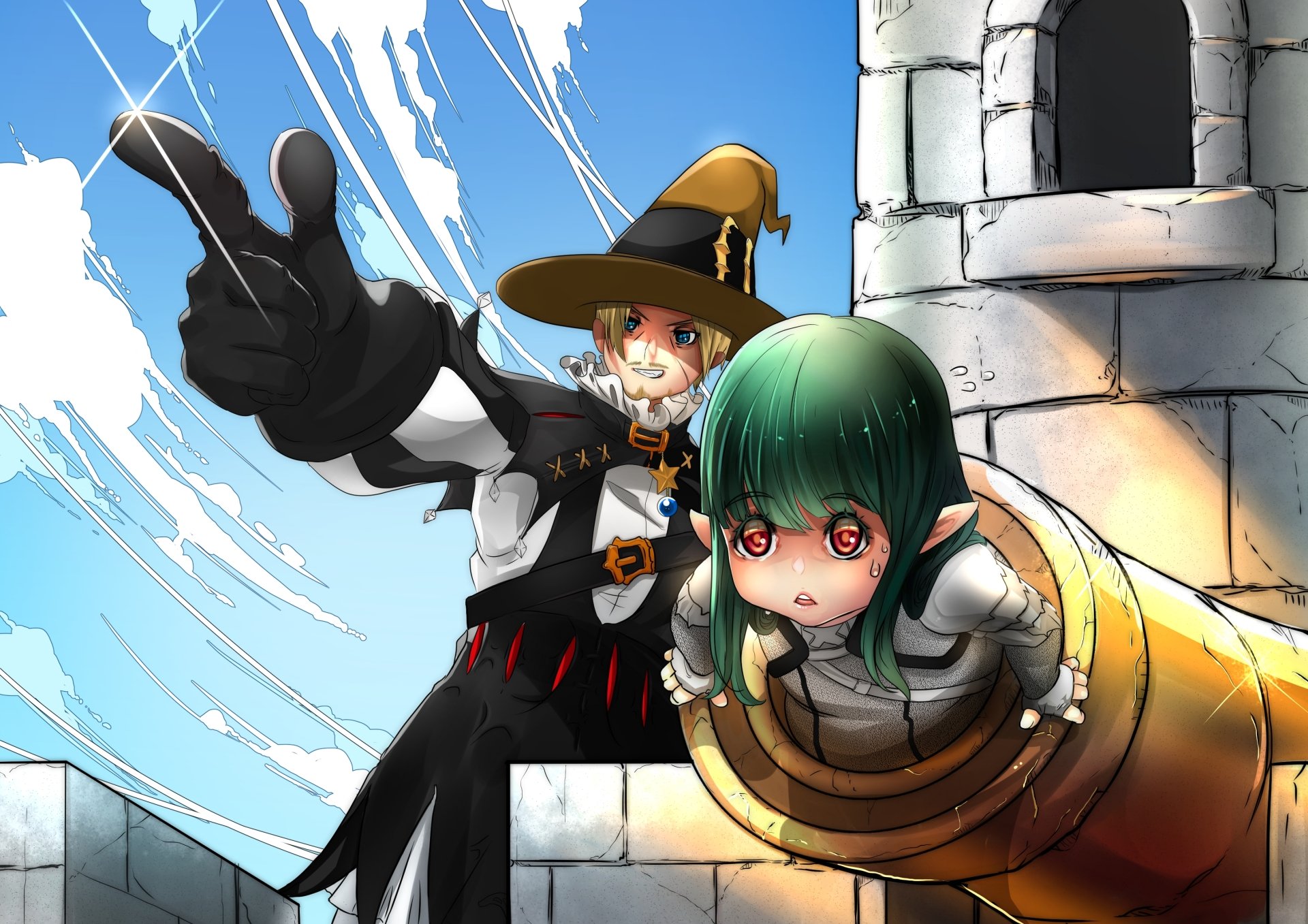 2K Quad HD PC wallpaper — Original Sky Anime: elf peeks from a brass cannon while a witchlike companion gestures from a sunlit tower under a bright sky.